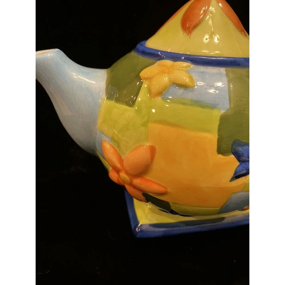 VTG Oneida China Hand Painted Country Style Blue Yellow Orange Floral Teapot